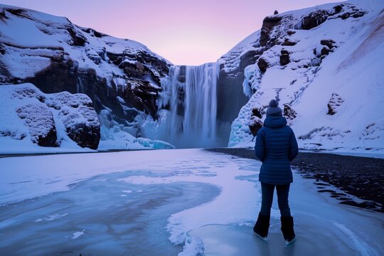 person in winter jacket standing by frozen waterfall at dusk