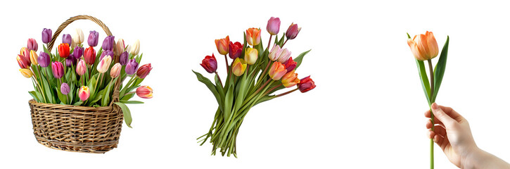 Bunch of tulips in a wicker basket, woman’s hand holding a tulip, set of beautiful colorful tulip flowers, Isolated on Transparent Background, PNG