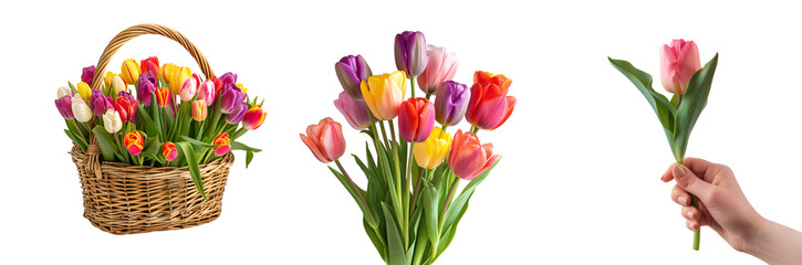 Wicker basket filled with a set of beautiful colorful tulip flowers, woman’s hand holding a tulip, bunch of tulips, Isolated on Transparent Background, PNG
