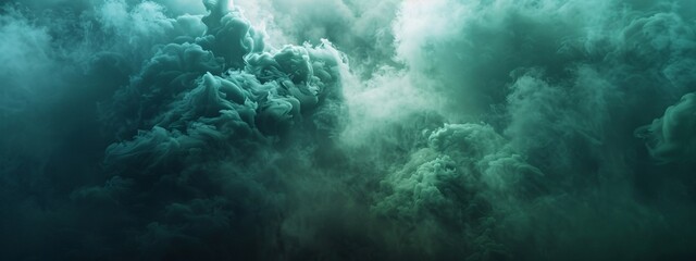Swirling aqua smoke forms a dense, ethereal cloud against a dark backdrop, creating a mysterious aura - obrazy, fototapety, plakaty