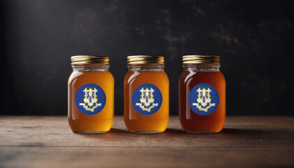 Collection of jars of different types of honey with flag Connecticut. Concept export and import honey.