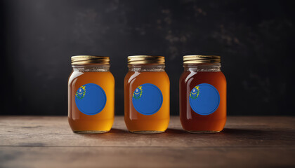 Collection of jars of different types of honey with flag Nevada. Concept export and import honey.