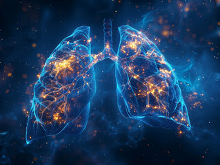 Graphic image of glowing human lungs in human body anatomy.