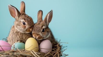 Fototapeta na wymiar The cuteness overload as two Easter bunnies find comfort in a nest adorned with colorful Easter eggs, set against a captivating blue background.
