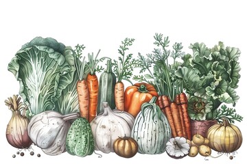 Vegetable harvest on white background. Food and greenery concept. Vintage illustration for menu, market, poster, collection, elements for design