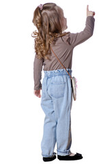 Little girl child in jeans and shirt looking showing hand on white background isolation, rear back view