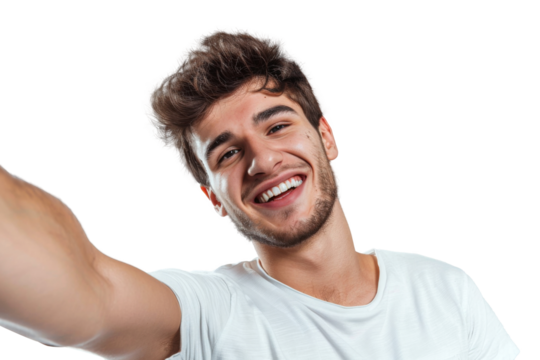 Portrait of beautiful handsome man taking selfie posing with smile and attractive focus look, isolated on transparent png background.