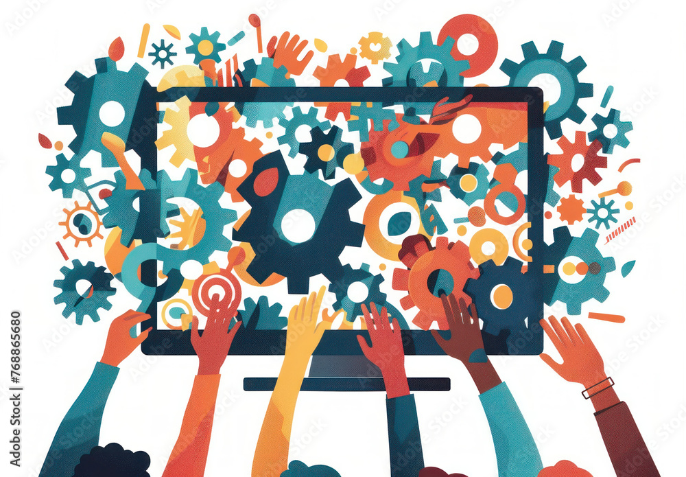 Poster team showing computer screen with gears and cogs, concept of technology, innovation and connectivity