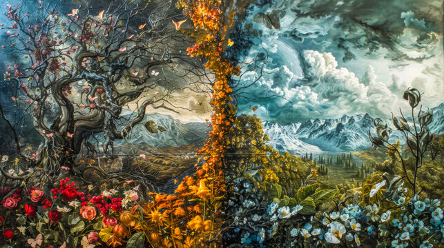 Surreal landscape divide: blossom and storm