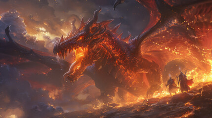 Dramatic fantasy scene of warriors confronting a fiery dragon. - obrazy, fototapety, plakaty
