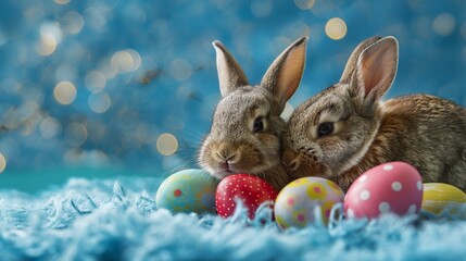 Fototapeta na wymiar The magic of Easter embodied in two cuddly bunnies nestled among vivid eggs, creating a heartening image against a serene blue background.