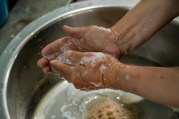 hands being washed in a small stainless steel sink