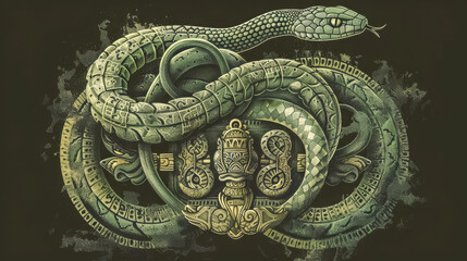 Ancient ouroboros illustration with sacred geometry