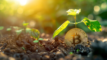 Bitcoin besides a Growing Sprout from mud with sunlight falling on leaves