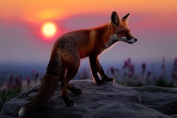 fox on rock, vivid sunset in distance