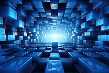 Fototapeta premium abstract background with blue glowing cubes and light rays