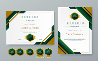 Green gold and white vector modern elegant and luxury certificate template for corporate. For award, business, diploma, workshop, award, graduation, completion, competition and education