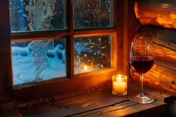 candlelit wine setting by a rustic cabin window