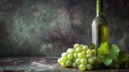 Dark wine bottle with clusters of ripe and green grapes - obrazy, fototapety, plakaty