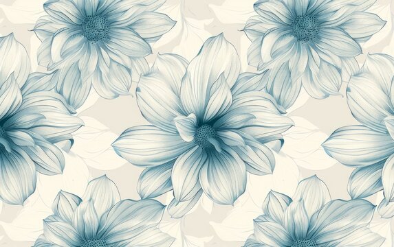 pattern of delicate line art flowers, their petals outlined in soft blue lines on an off-white background Generative AI
