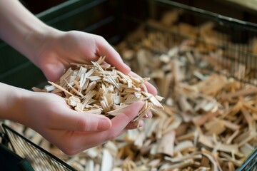 hands holding a handful of wood chips for a hamster cage - obrazy, fototapety, plakaty
