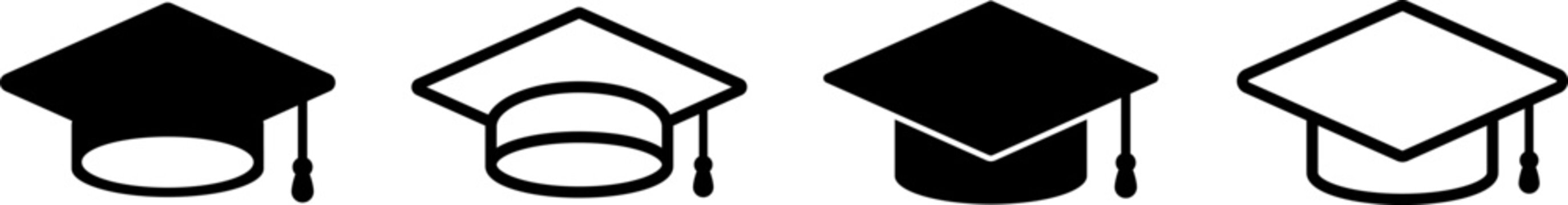 Set of vector graduation caps. Graduation cap icon. Graduation cap on transparent background. Academic cap linear and full pictogram. Vector EPS 10