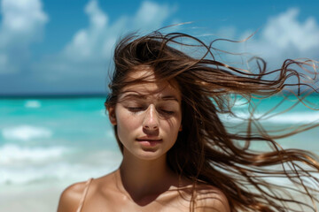 Portrait of young woman with long windy hair enjoying the breeze at beach. Beautiful girl relaxing at beach during summer holiday