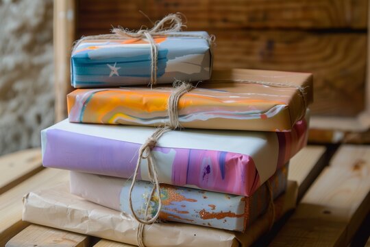 stack of gifts in assorted papers tied with twine