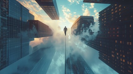 Businessman walking on a tightrope stretched between two skyscrapers, symbolizing risk and challenge. Risk management concept.