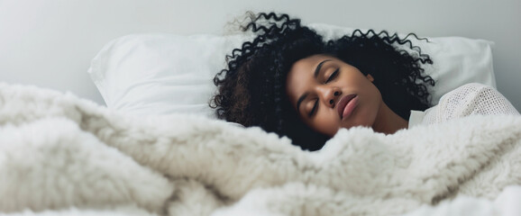 Young black woman sleeping alone in bed with cozy blanket - obrazy, fototapety, plakaty