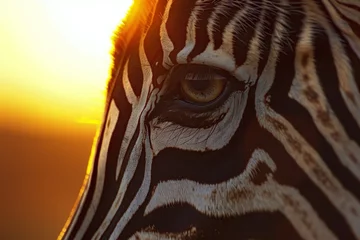 Zelfklevend Fotobehang zebra eye witnessing sunrise, warm light bathing its face © studioworkstock
