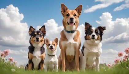 Fototapeta na wymiar International dog day with cute and domestic dogs are standing and looking front behind them a beautiful spring background with sky and clouds