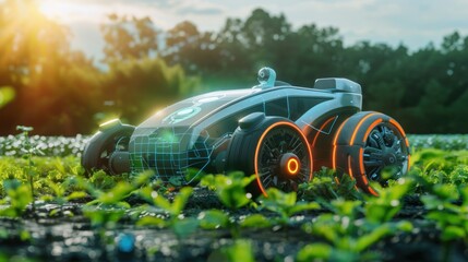 an Agricultural robot and autonomous car working on the farm, smart farming concept. Ai generated - obrazy, fototapety, plakaty