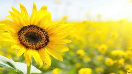 A single sunflower stands out in a vibrant field under the bright, sunny sky