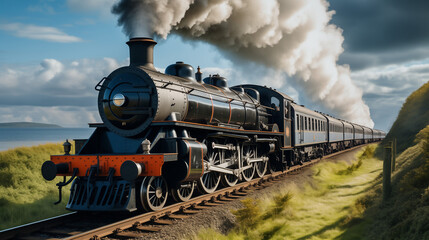 Naklejka premium An Old Locomotive Steam Train In Countryside