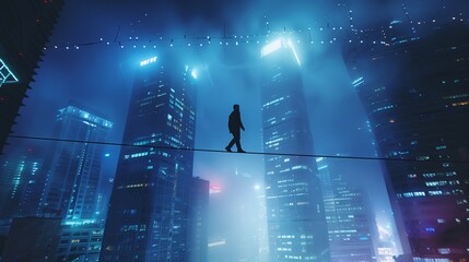 Businessman walking on a tightrope stretched between two skyscrapers, symbolizing risk and challenge. Risk management concept.