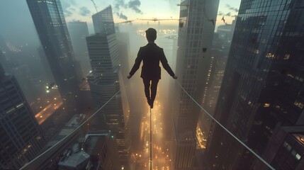 Businessman walking on a tightrope stretched between two skyscrapers, symbolizing risk and challenge. Risk management concept.