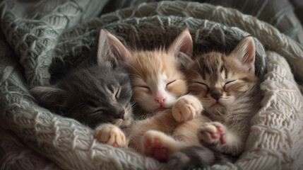 A photograph capturing the essence of tranquility, featuring kittens cuddled together in a soft...