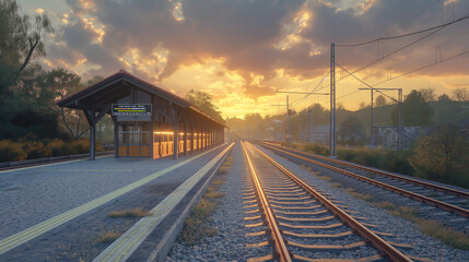 Obraz premium Rural Railway Station At Sunset