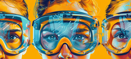 Digital art featuring five faces overlaid with protective goggles against an orange backdrop, depicting vigilance and unity.