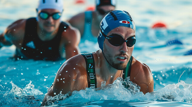 
In this image, a focused swimmer in a competitive setting propels through the water with goggles on, splashes around him indicating the intensity of the race.