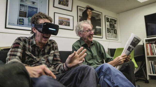 Millennial Man with VR Headset Beside Baby Boomer Man Reading Newspaper: Generational Difference.