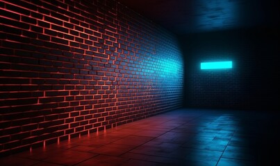 Neon corridor with glowing brick wall background. Blank 3d rooms with purple and red glow with realistic design for nightclub and bar