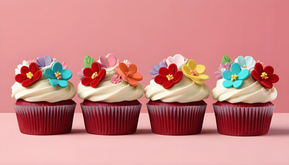 Four red velvet cupcakes with decorative floral icing on pastel background