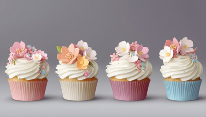 Four white cupcakes with decorative floral icing on grey background