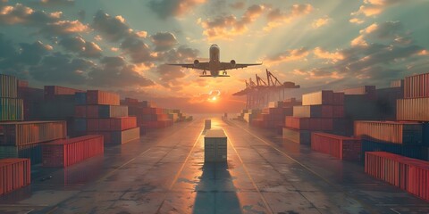 Industrial port with cargo containers trucks and a flying plane symbolizing global business success in energy and construction. Concept Industrial Port, Cargo Containers, Trucks, Flying Plane - obrazy, fototapety, plakaty
