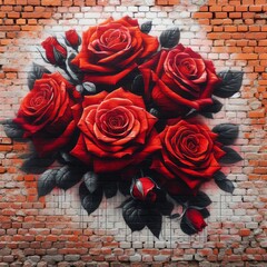 Bright graffiti of blooming red roses on a brick wall.