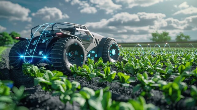 an Agricultural robot and autonomous car working on the farm, smart farming concept. Ai generated