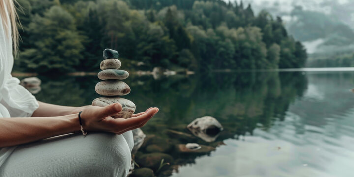 Woman holding balancing stones on the lake shore. Meditating, yoga, harmony in nature