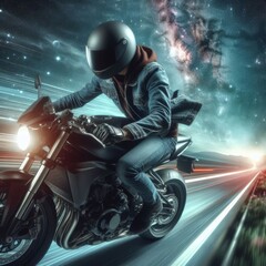 Man on a motorcycle whizzing by on a space background